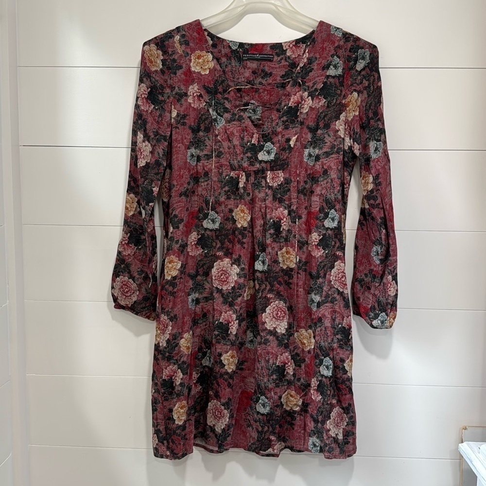 Peruvianan Connection Red Black Floral Lace Up Babydoll Dress Long Sleeve Small - Picture 2 of 8